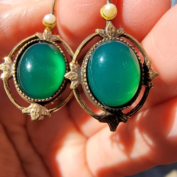 Vintage Green Drop Earrings with seed Pearls Bronzy Sterling - Picture 2 of 3